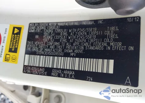 2013 Toyota Highlander Limited z USA, uszkodzony, nr VIN 5TDYK3EH5DS095560